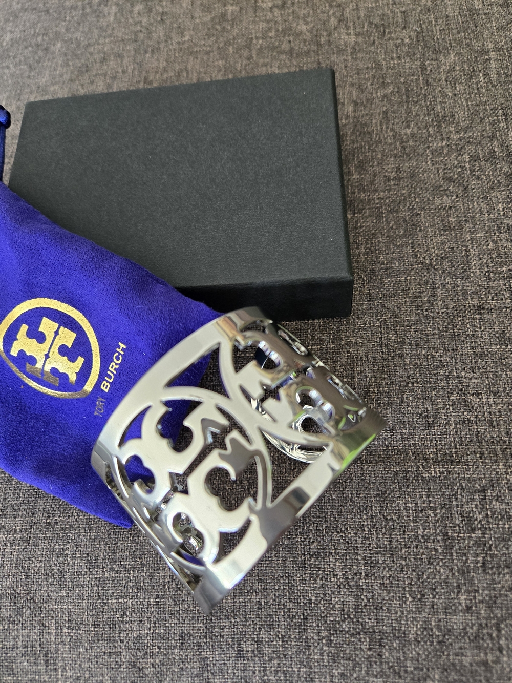 Tory Burch Silver Logo Cutout Cuff with Purple Drawstring Pouch